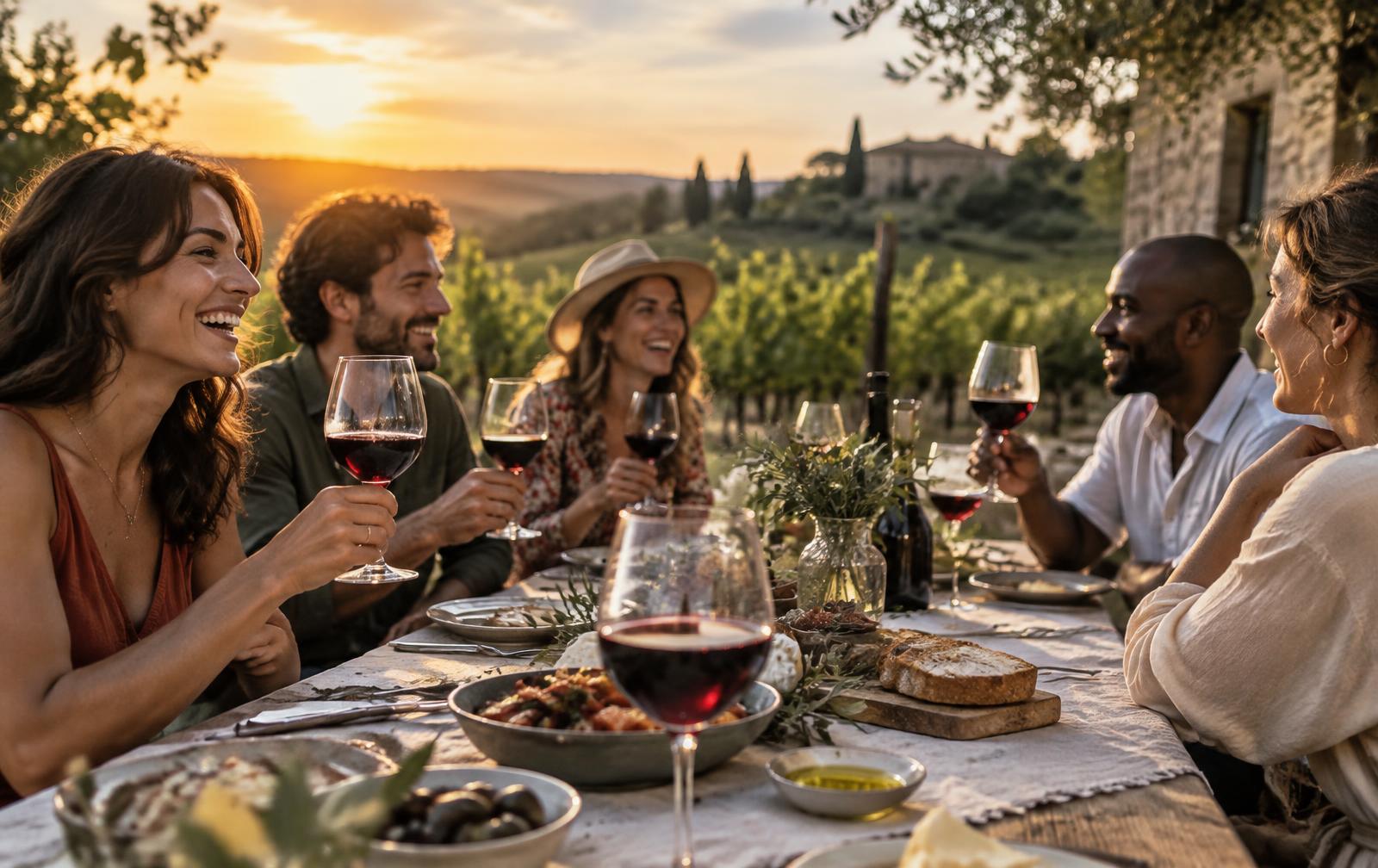 Un gruppo di amici brinda durante una cena tra i vigneti